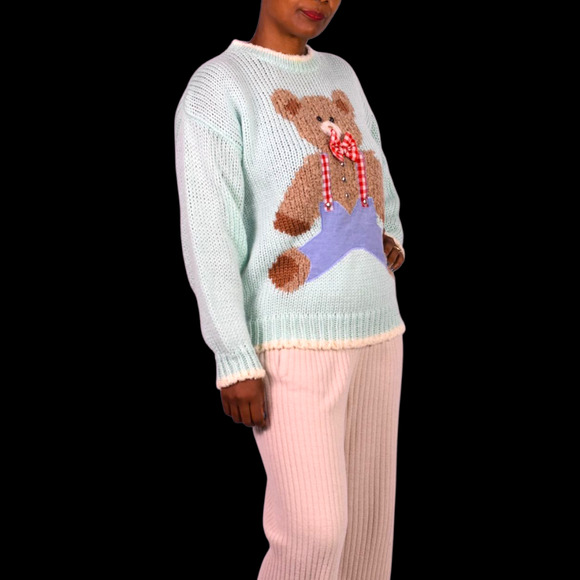 Vintage Far Near Teddy Bear 3D Sweater Green Pastel Textured Camp Novelty Large - Picture 13 of 16